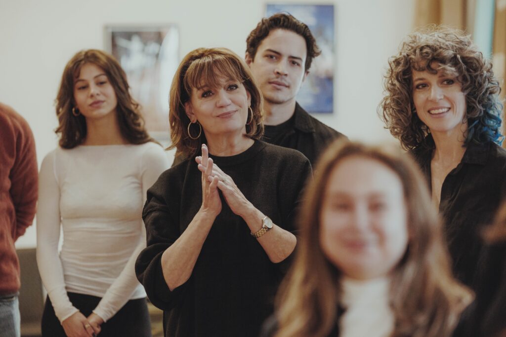 Alexa Lopez, Beth Leavel, Jacob Dickey, and Paige Faure in rehearsal for Stephen Sondheim's Old Friends. Photo by Matthew Murphy.
