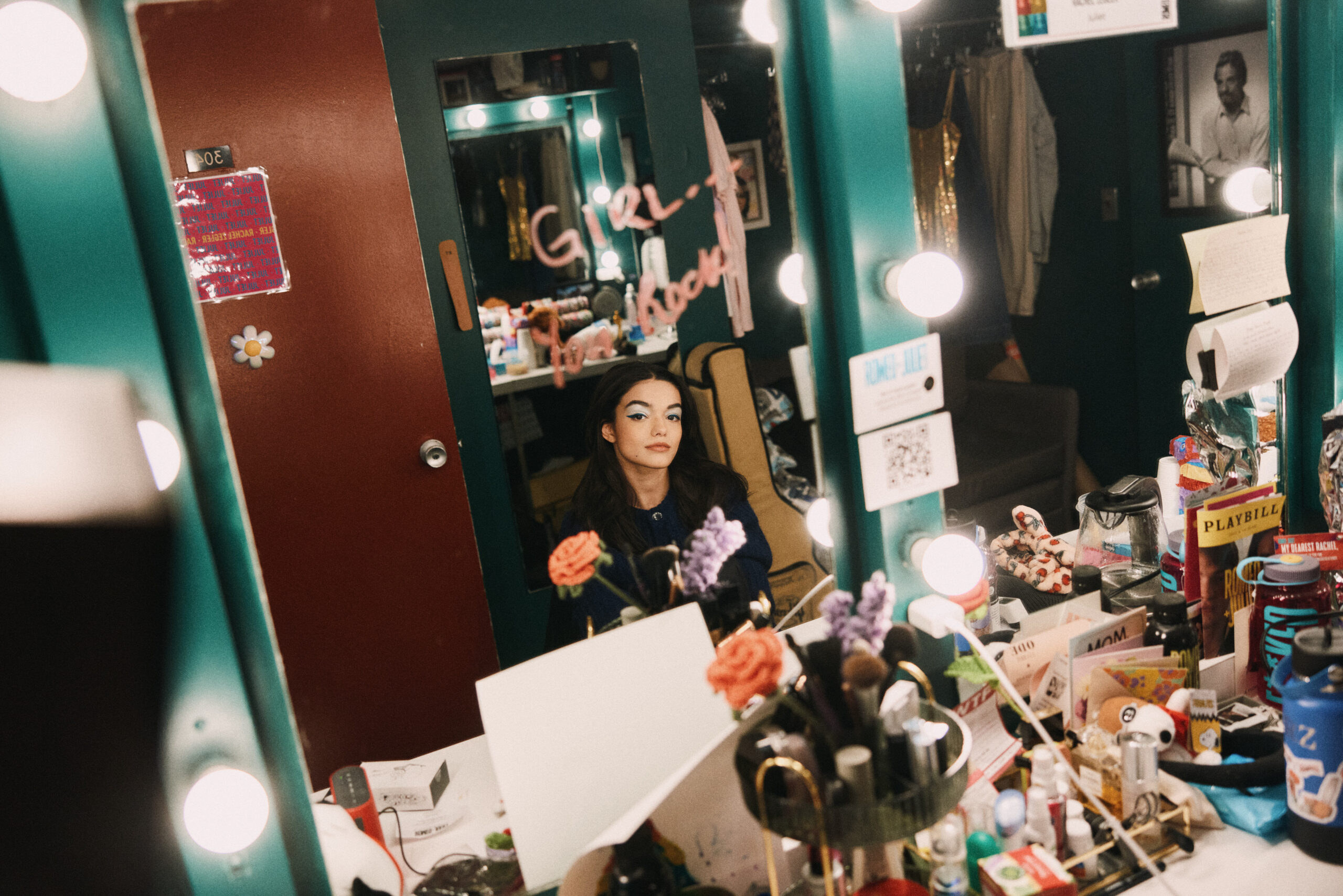 Rachel Zegler from Romeo + Juliet. Photo by Emilio Madrid. Zegler is getting ready in her dressing room. 