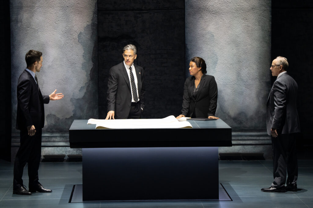 Rob Heaps, Neal Bledsoe, Christina Sajous, and Greg Wood in Othello. Photo by Julieta Cervantes.