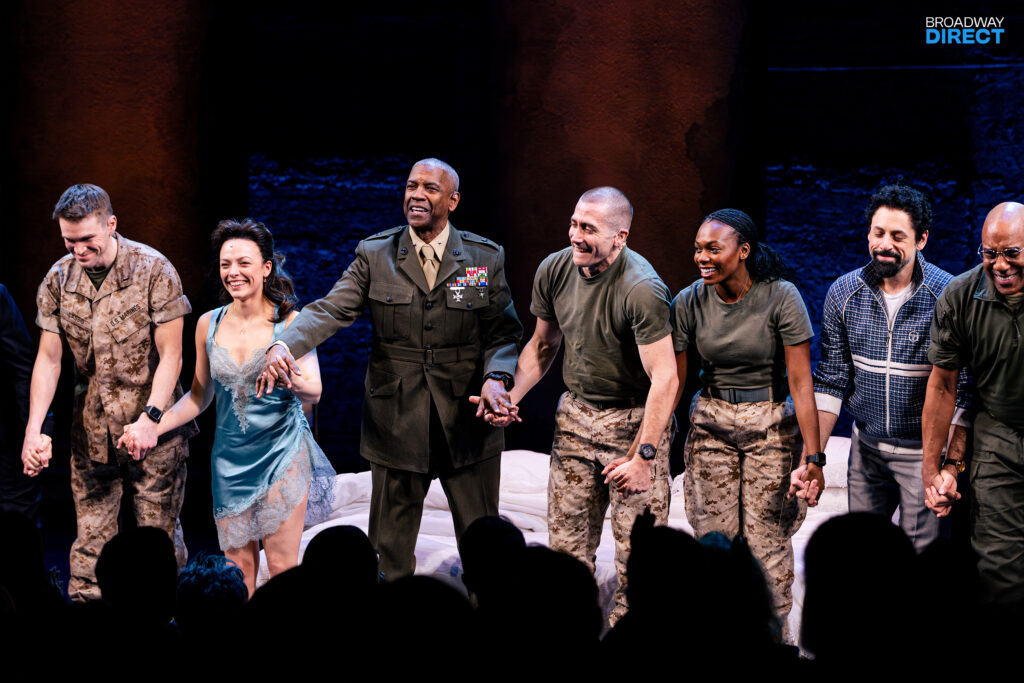 Andrew Burnap, Molly Osborne, Denzel Washington, Jake Gyllenhaal, Kimber Elayne Sprawl, Anthony Michael Lopez, and Ezra Knight during the opening night curtain call of Othello. Photo by Angela of York for Broadway Direct.