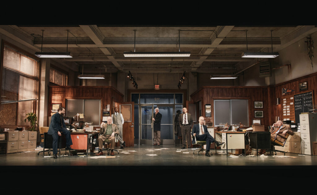 Kieran Culkin, Michael McKean, Donald Webber Jr., John Pirruccello, Howard W. Overshown, Bob Odenkirk, and Bill Burr in Glengarry Glen Ross. Photo by Emilio Madrid.