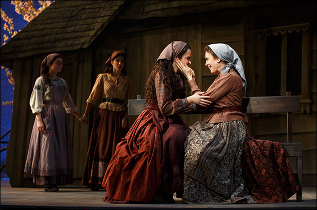 Melanie Moore, Samantha Massell, Alexandra Silber, and Jessica Hecht in Fiddler on the Roof. Photo by Joan Marcus.