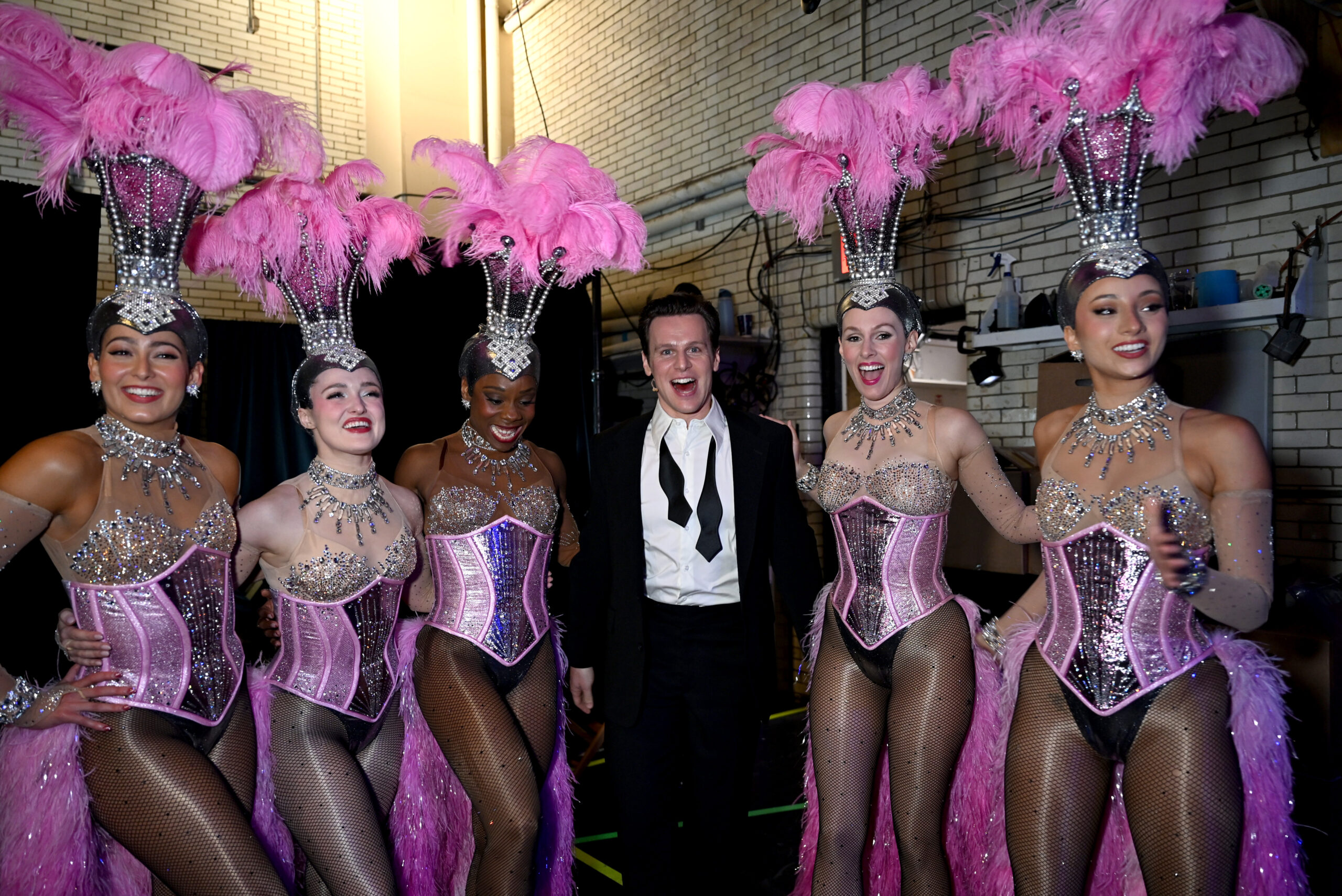 Jonathan Groff and Just in Time company members pose backstage during The 78th Annual Tony Awards at Radio City Music Hall. Photo by Jenny Anderson/Getty Images for Tony Awards Productions.