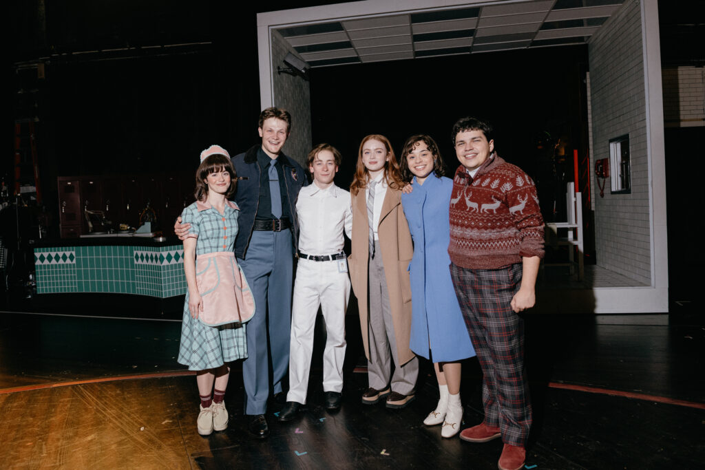 Alison Jaye, Burke Swanson, Louis McCartney, Sadie Sink, Gabrielle Nevaeh, and Juan Carlos backstage at Stranger Things: The First Shadow. Photo by Andy Henderson for Netflix.