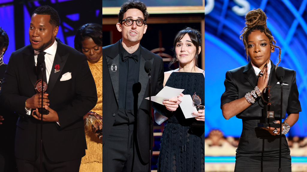 Branden Jacobs-Jenkins, Justin Peck, and Kara Young accepting their second consecutive Tony Awards at the 78th Annual Tony Awards. Photo by Theo Wargo/Getty Images for Tony Awards Productions.
