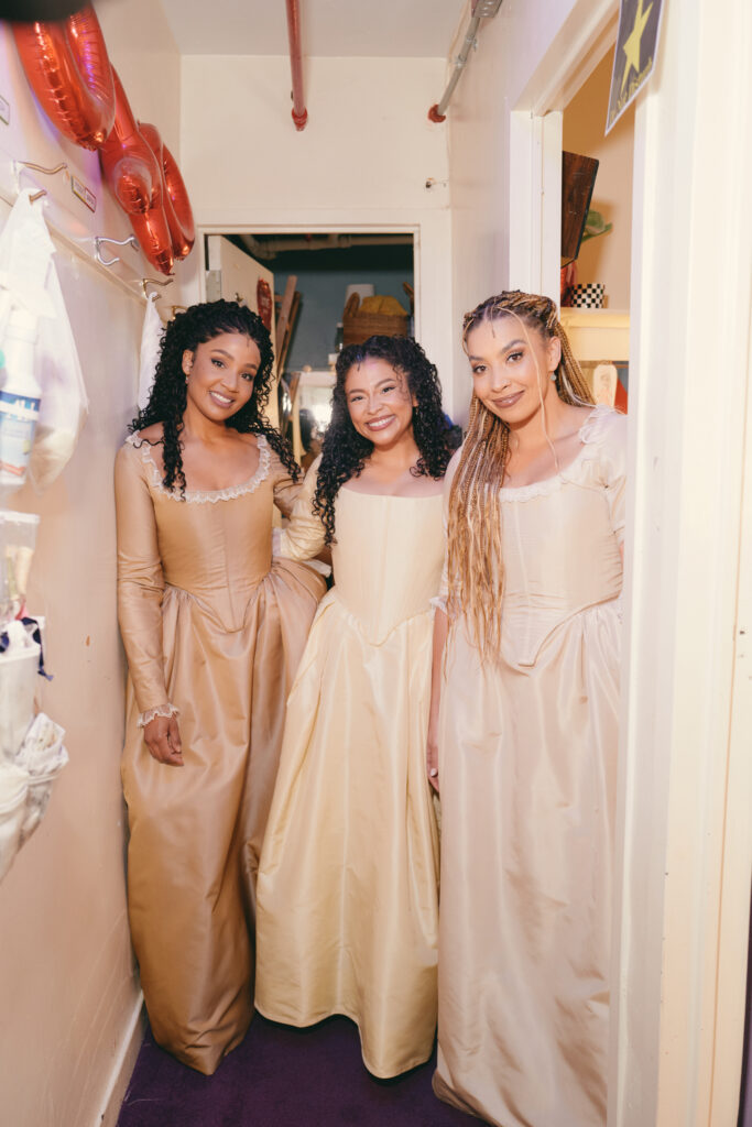 Stephanie Umoh, Cherry Torres, and Morgan Anita Wood backstage during Hamilton's 10th anniversary performance. Photo by Jenny Anderson.